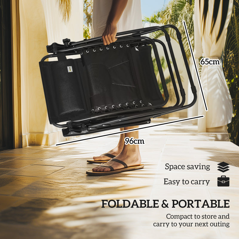 Set of 2 Black Zero Gravity Outdoor Lounger Chairs With Shade Cup Holder and Padded Seat by Outsunny