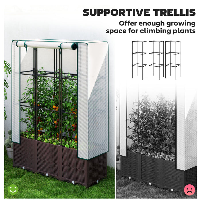 Raised Garden Bed with Trellis Plastic Planter Box with Drainage for Climbing Plants by Outsunny