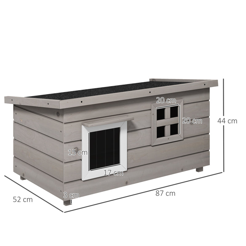 Grey Wooden Outdoor Cat House Raised Shelter with Openable Roof and Window by PawHut