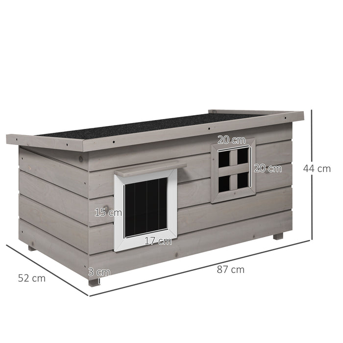 Grey Wooden Outdoor Cat House Raised Shelter with Openable Roof and Window by PawHut
