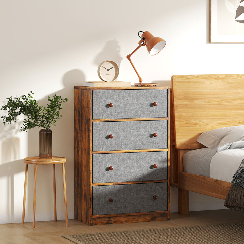 4 Drawer Fabric Chest of Drawers with Wood Top for Bedroom Storage Grey and Rustic Brown