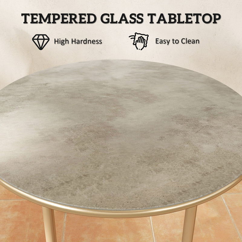Beige 60cm Round Garden Side Table with Tempered Glass Top and Steel Frame