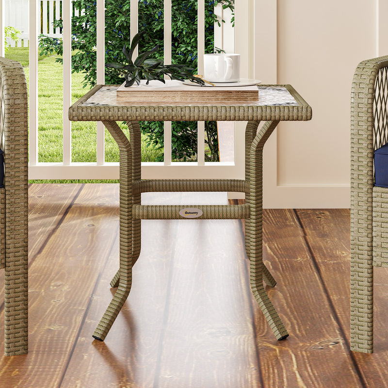 Charcoal Grey 3 Piece Rattan Bistro Set with Blue Cushions and Glass Table for Garden by Outsunny