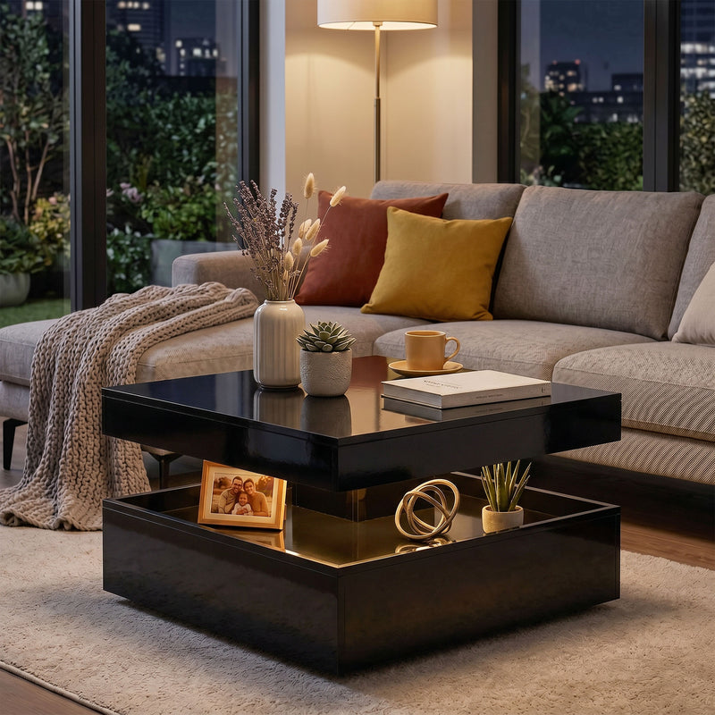 Coffee Table with LED Lighting and Open Storage Shelf for Tidy Living Room High Gloss Black