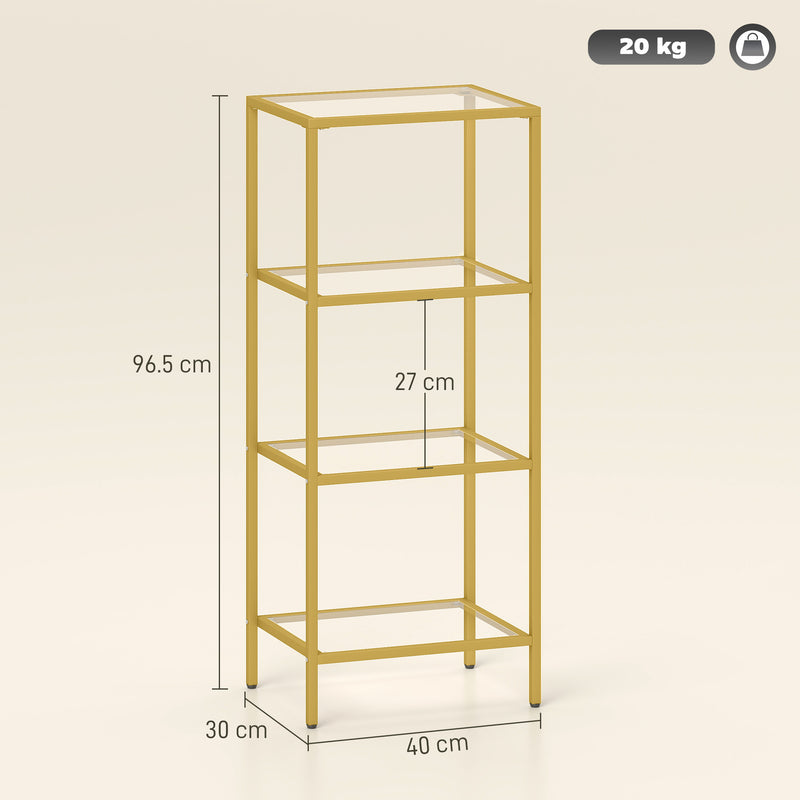 4 Tier Glass Shelving Unit For Living Room Or Office With Vertical Storage, Gold Tone