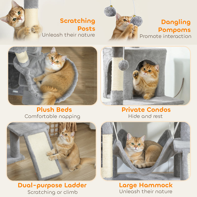 Tall Multi Level Cat Tree for Two or More Cats with Scratch Posts and Cosy Beds Light Grey