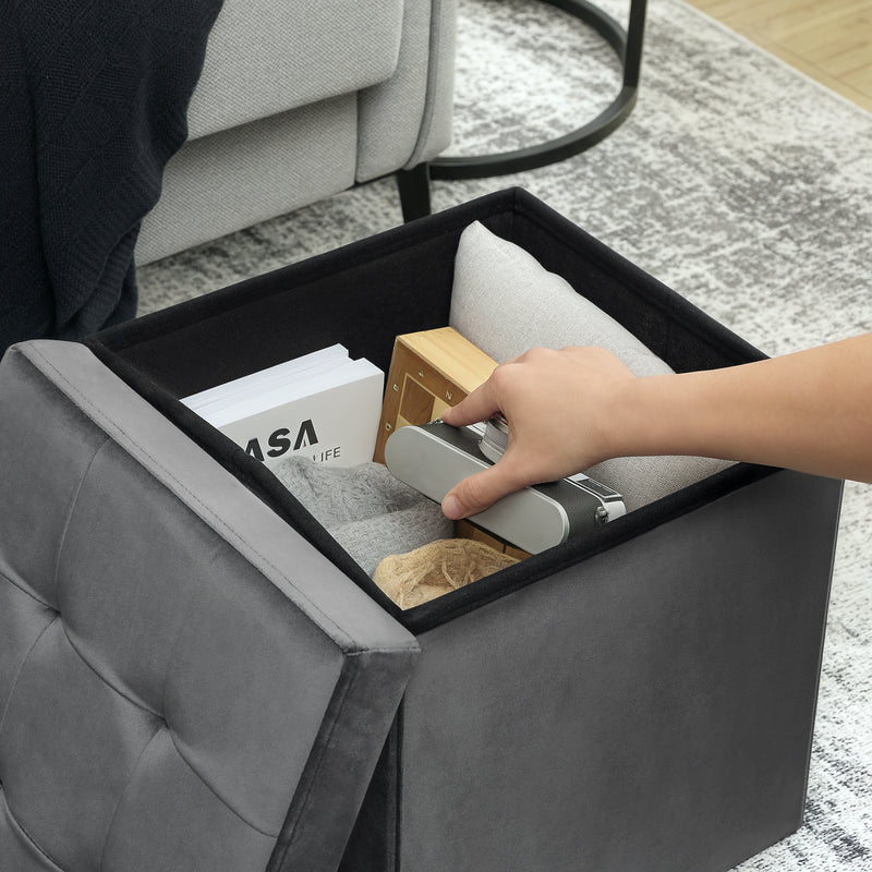 Foldable Velvet Feel Storage Ottoman With Padded Seat And Hidden Compartment Grey