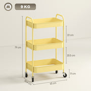 Three Tier Steel Storage Trolley With Wheels For Kitchen Or Office Use, Yellow