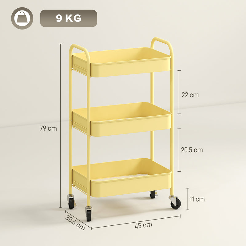 Three Tier Steel Storage Trolley With Wheels For Kitchen Or Office Use, Yellow