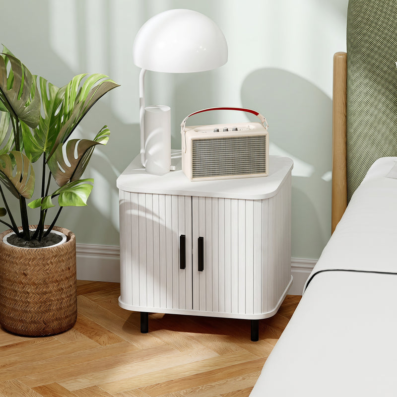 Bedside Table with Sliding Tambour Door, Two Shelves, Black Metal Legs for Organised Bedroom Storage White Wood Effect