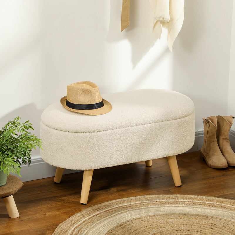 Storage Ottoman Bench with Hidden Compartment Cream White Teddy Fleece  by HOMCOM