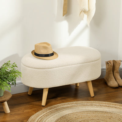 Storage Ottoman Bench with Hidden Compartment Cream White Teddy Fleece  by HOMCOM Homcom