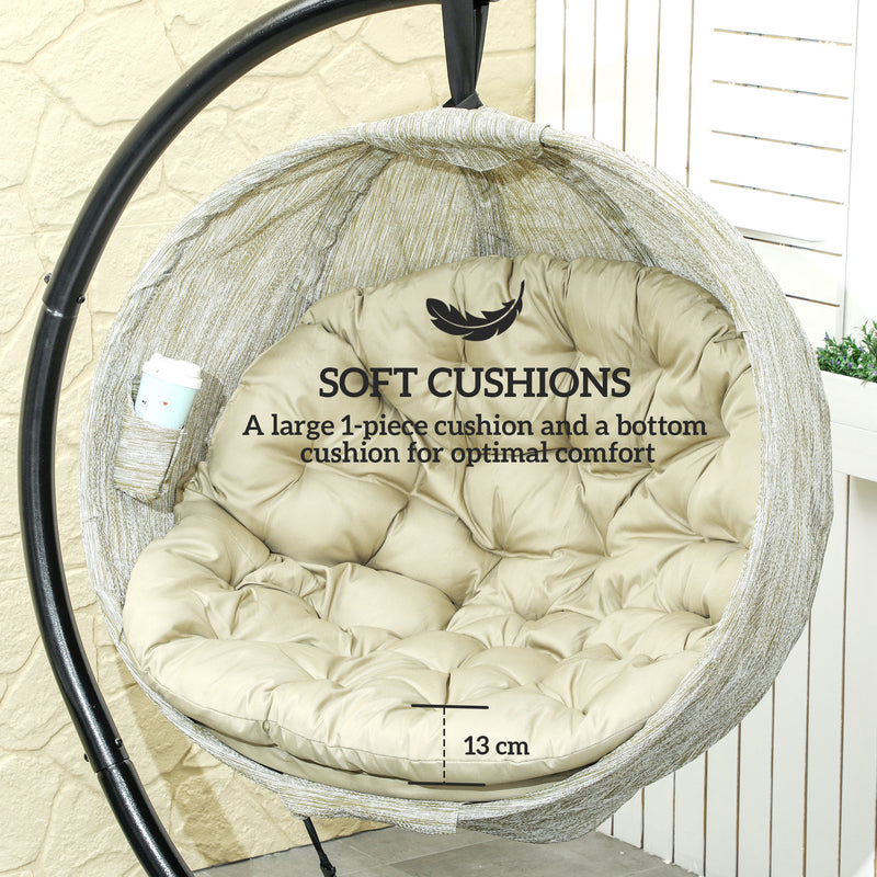 Khaki Hanging Egg Chair with Stand Thick Cushion and Cup Holder for Garden or Indoor Use by Outsunny