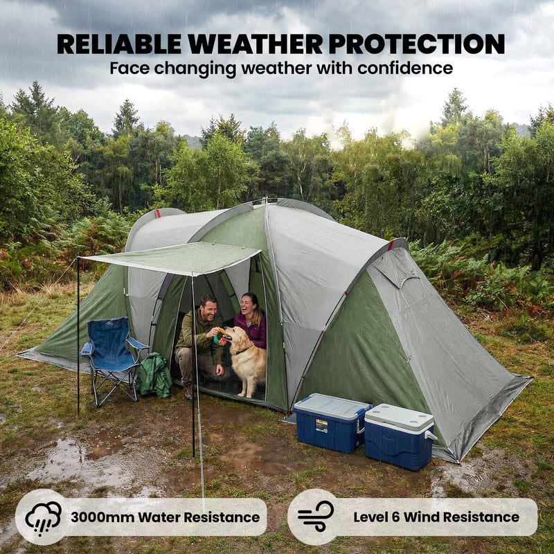 4-6 Person Waterproof Tunnel Camping Tent With 2 Bedrooms, Living Room & Porch, Green