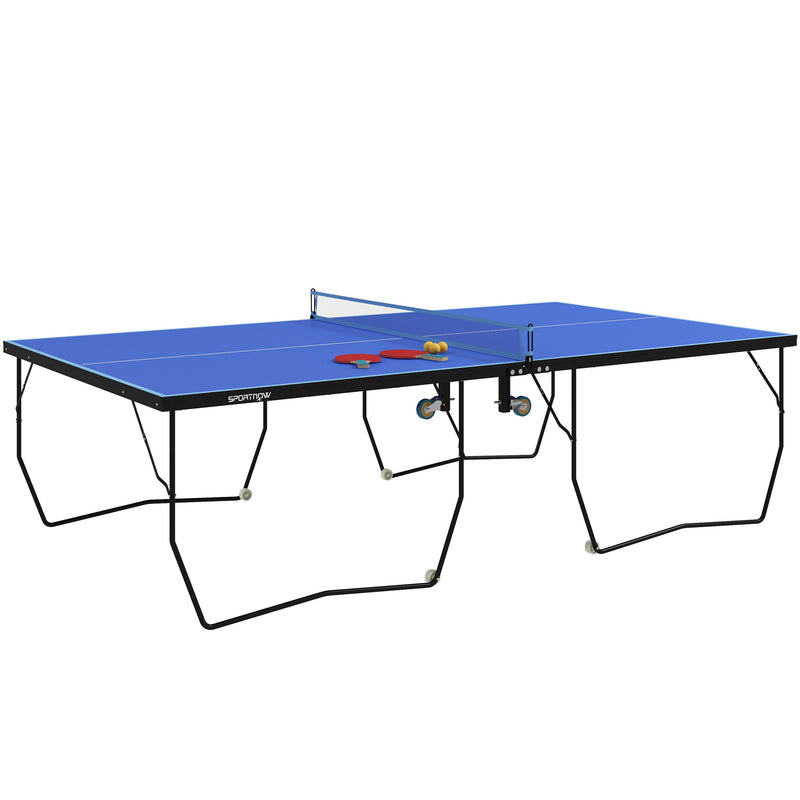 SPORTNOW 9FT Folding Tennis Table, with 8 Wheels, for Indoor Use, Blue AOSOM