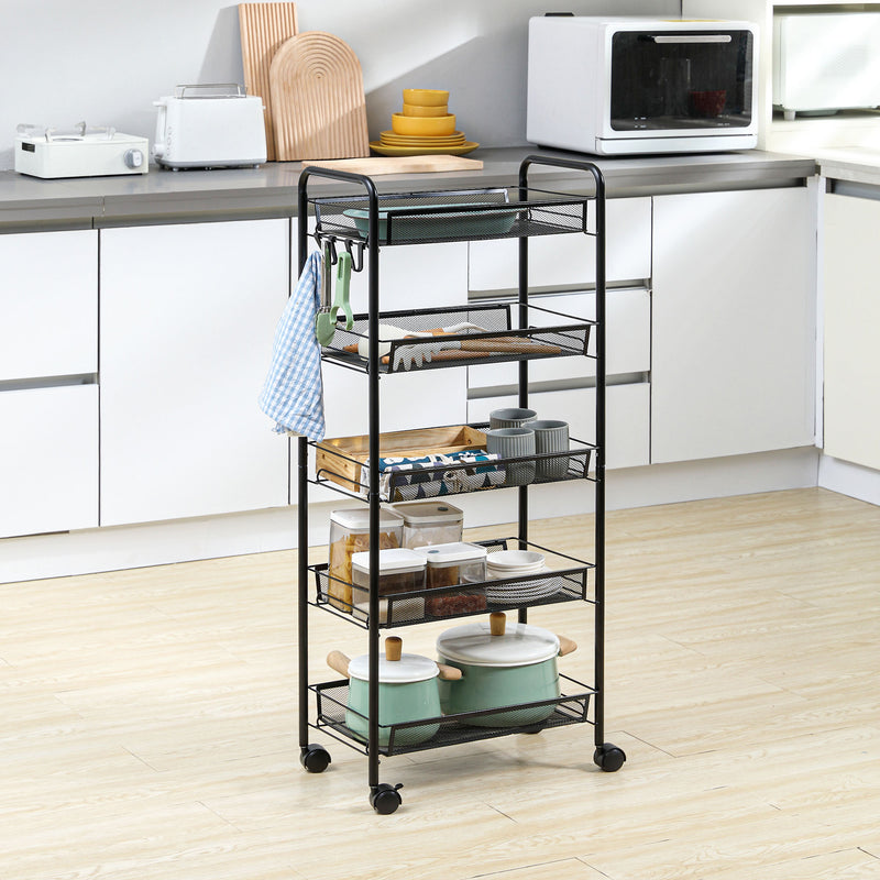 5 Tier Steel Mesh Storage Trolley with Wheels for Home or Office Organisation Black