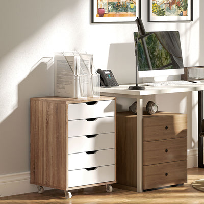 Oak Brown 5 Drawer Filing Cabinet with Wheels for Home Office by Vinsetto