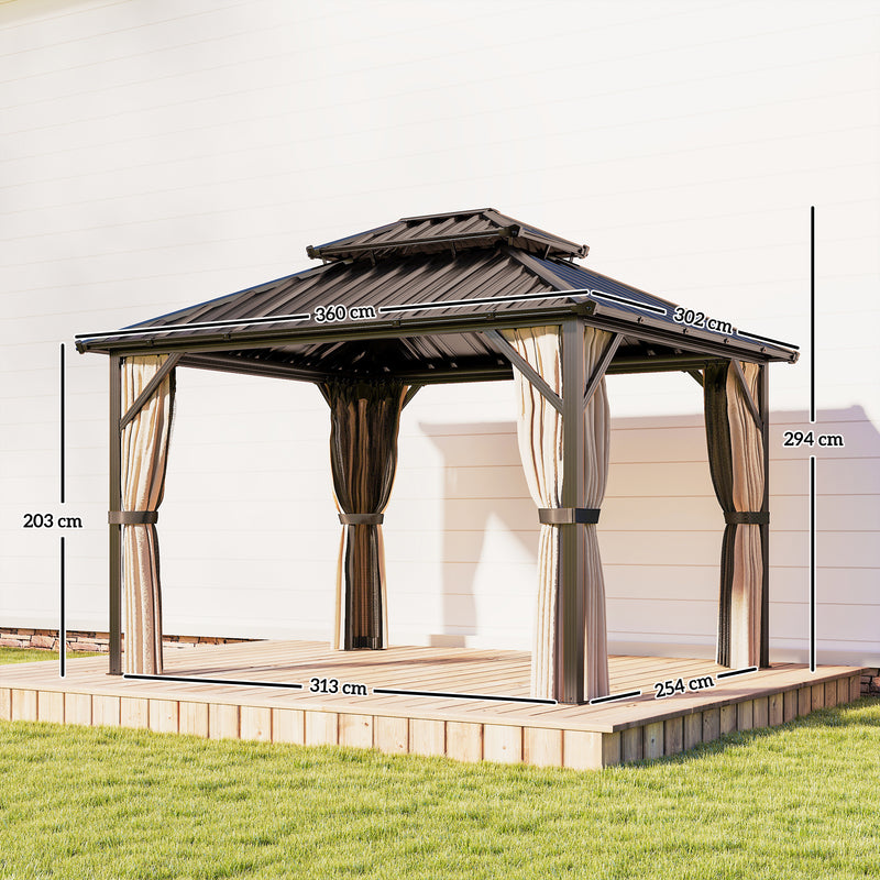 3.6 x 3m Metal Gazebo with Metal Roof, Privacy Curtains and Insect Netting for Year Round Shelter, Brown & Black