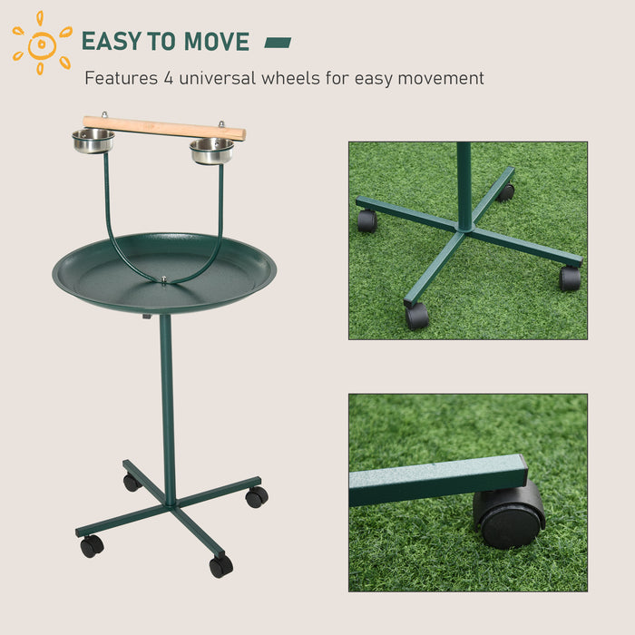 Green Bird Perch Stand with Wheels and Feeding Bowls for Small and Medium Birds by PawHut