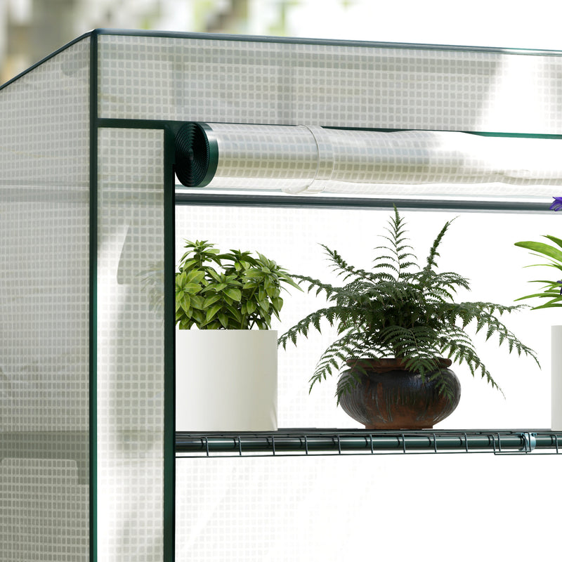 4 Tier Lean-to Mini Greenhouse with Reinforced PE Cover and Roll-Up Door by Outsunny