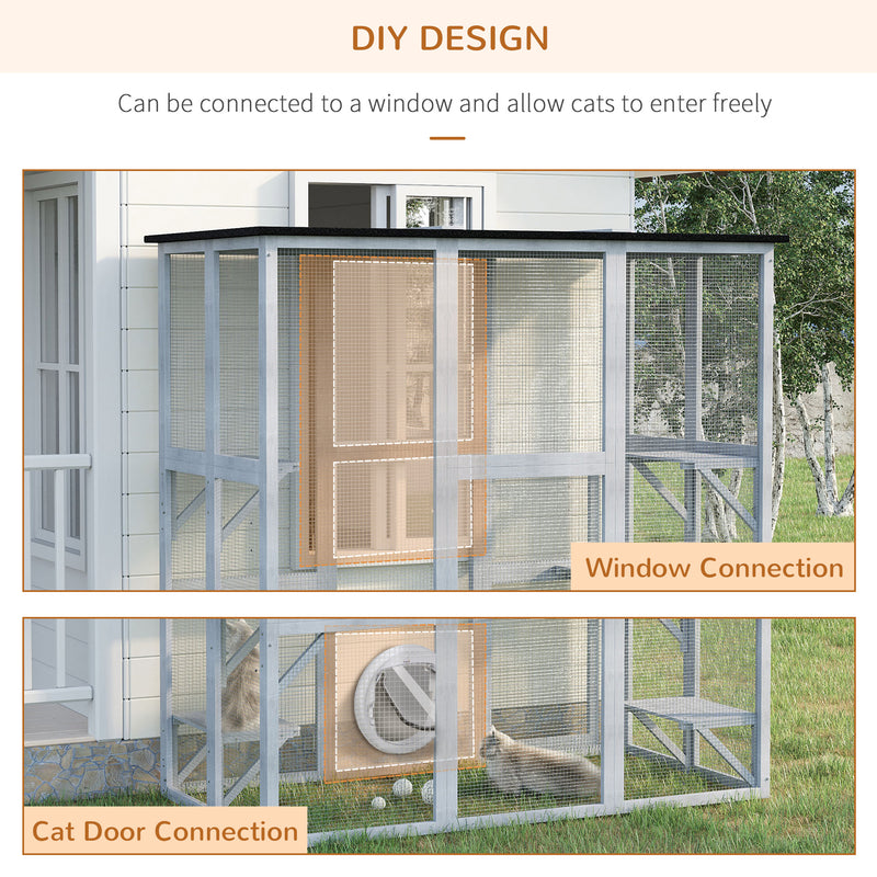 Large Wooden Outdoor Catio Enclosure with Platforms and Roof for Multiple Cats, Natural Wood AOSOM