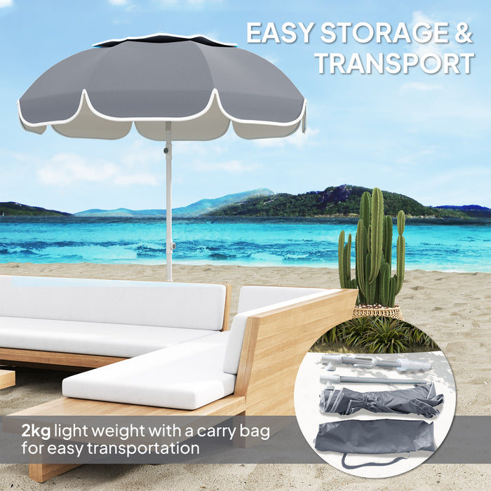 Grey Beach Umbrella with Sand Anchor Adjustable Tilt UPF50+ UV Protection and Carry Bag by Outsunny