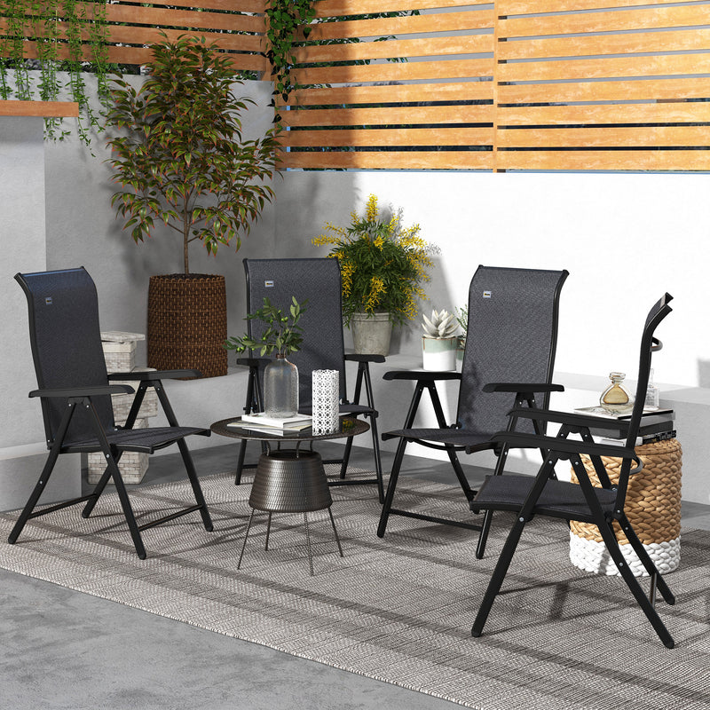 Set of 4 Grey Folding Garden Chairs with 7 Position Reclining Backs for Outdoor Use