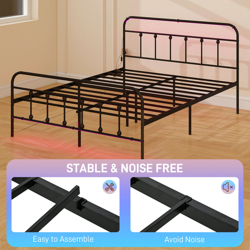 Black Double Metal Bed Frame with LED Lights Charging Station and Under Bed Storage