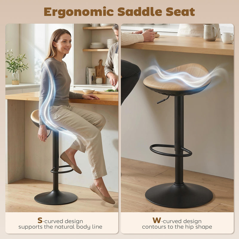 Adjustable Kitchen Bar Stools Set of 2 with Swivel and Easy Clean Seats Oak Black AOSOM