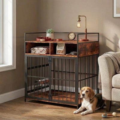 Dog Crate Side Table with Rotating Feeding Station for Medium Dogs Rustic Brown Black AOSOM