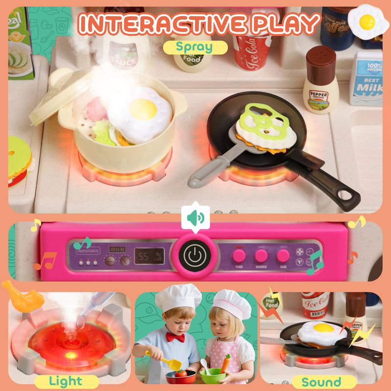 Kids Play Kitchen Set with 104 Accessories Realistic Lights and Sounds for Role Play Pink