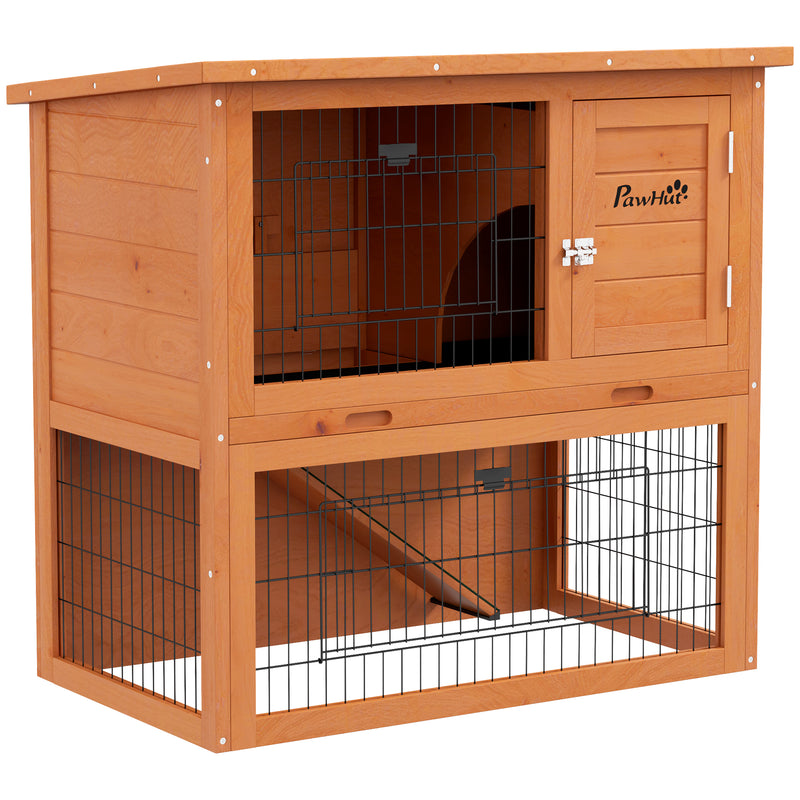 Two Tier Wooden Rabbit Hutch with Outdoor Run Ideal for Guinea Pigs and Bunnies Orange AOSOM
