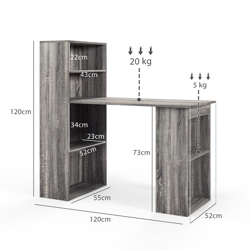 120cm Grey Computer Desk With Bookshelf 6 Shelves Home Office Workstation by HOMCOM