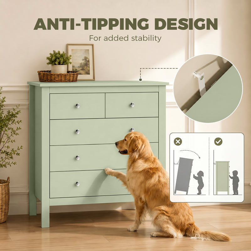 Chest of Drawers with 5 Wide Storage Drawers for Organising Bedroom Clothes Sage Green