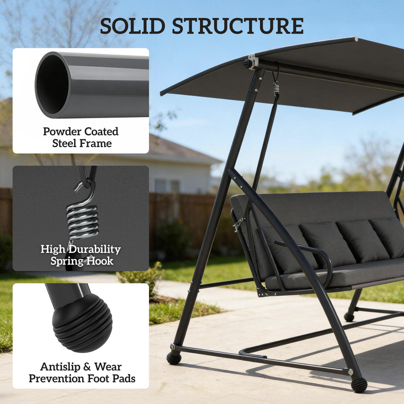 Patio Swing - 3 Seater Garden Swing Chair Lounger With Tilt Canopy And Cushions For Relaxing, Dark Grey