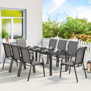 8 Seater Garden Dining Set with Large Rectangular Black Glass Table and Weatherproof Stackable Chairs Outsunny