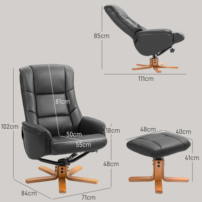 Black Faux Leather Reclining Armchair with Matching Footstool and Curved Wood Base for Living Room Homcom