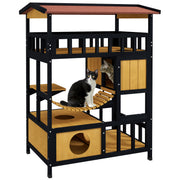 Four Tier Wooden Outdoor Cat House with Balcony and Escape Doors for Feral Cats, Grey