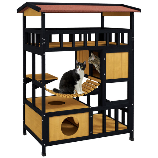 Four Tier Wooden Outdoor Cat House with Balcony and Escape Doors for Feral Cats, Grey