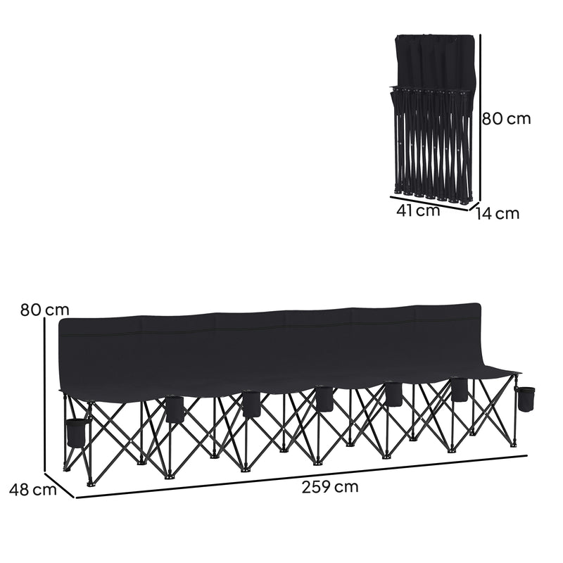 Folding 6 Seater Outdoor Bench with Cup Holders and Carry Bag for Events Black