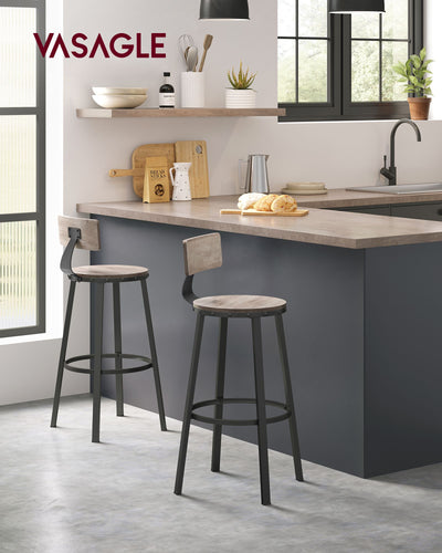 Set of 2 Bar Stools With Backs in Heather Greige and Ink Black with Footrest by Vasagle