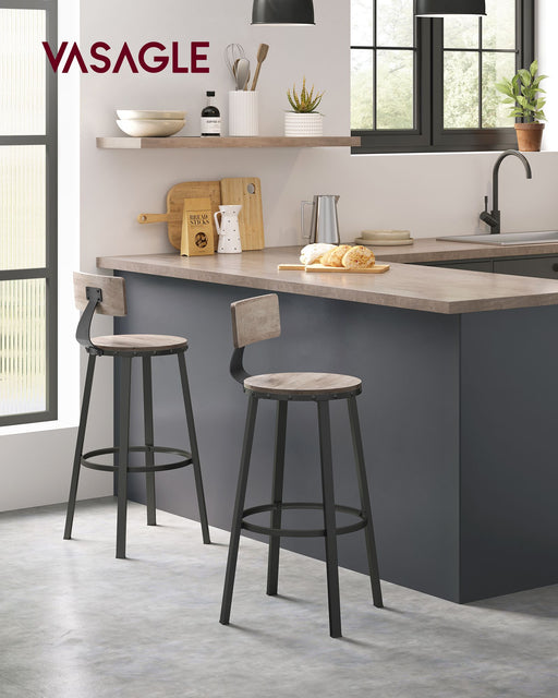 Set of 2 Bar Stools With Backs in Heather Greige and Ink Black with Footrest by Vasagle