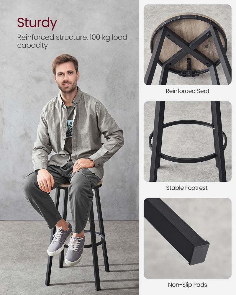 Set of 2 Bar Stools With Backs in Heather Greige and Ink Black with Footrest by Vasagle