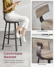 Set of 2 Bar Stools With Backs in Heather Greige and Ink Black with Footrest by Vasagle