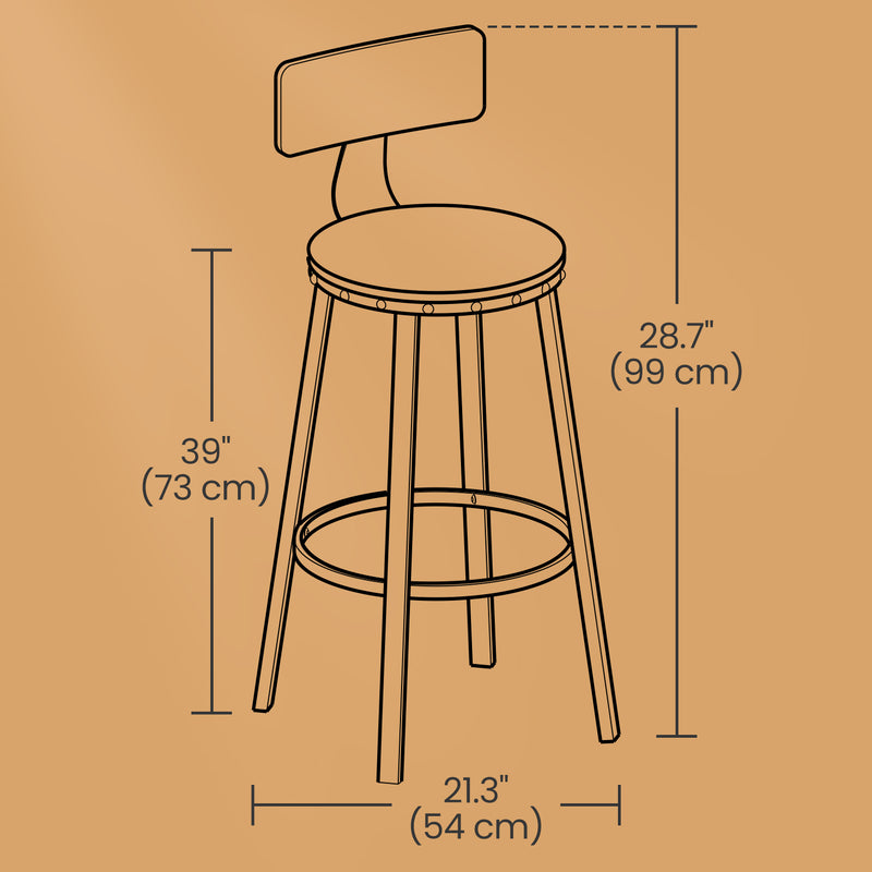 Set of 2 Bar Height Stools with Backrest Comfortable Counter Chairs for Kitchen by Vasagle