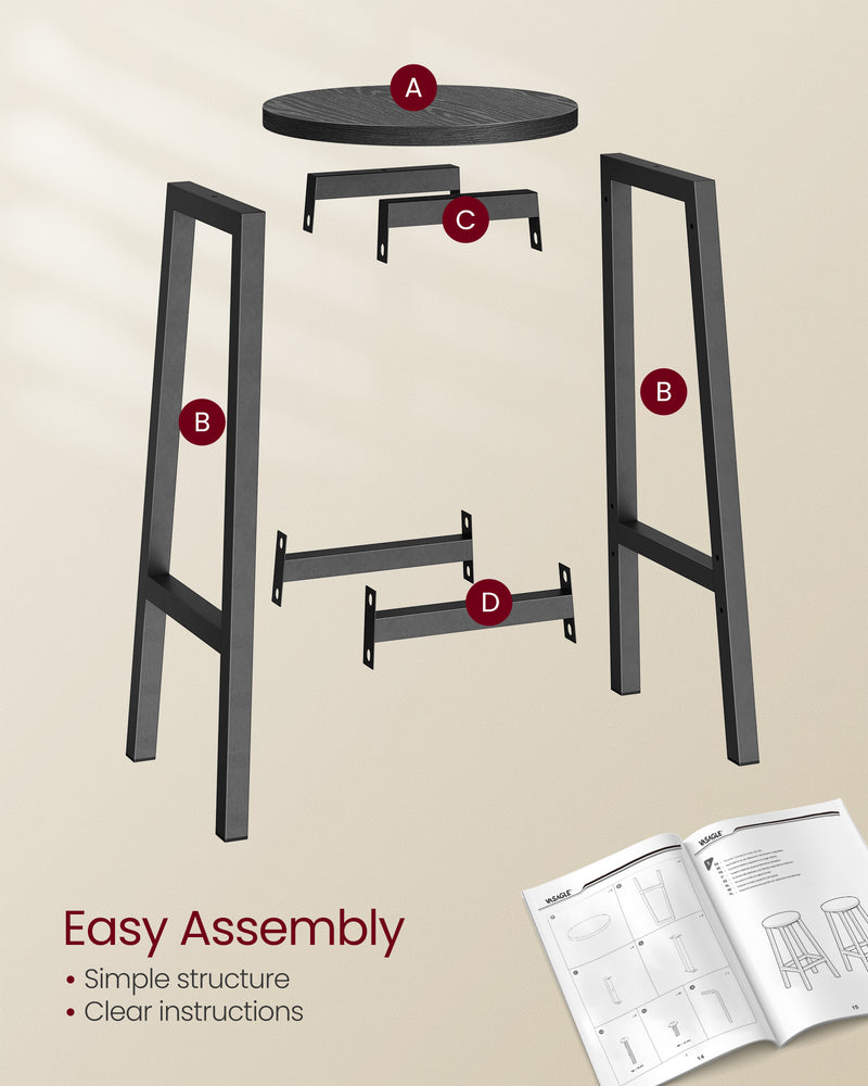 Set of 2 Bar Stools with Sturdy Metal Frame and Footrest for Kitchen or Home Bar by Vasagle