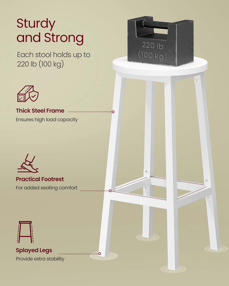 Set of 2 White Kitchen Bar Stools with Cushioned Seats and Metal Legs by Vasagle