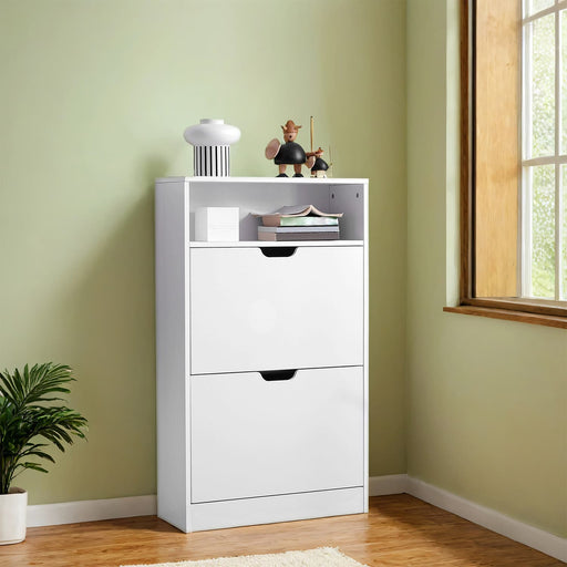 Slim White 2 Drawer Shoe Storage Cabinet with Adjustable Shelves for Hallway, Holds 8 to 12 Pairs of Shoes, 60 x 24 x 102cm
