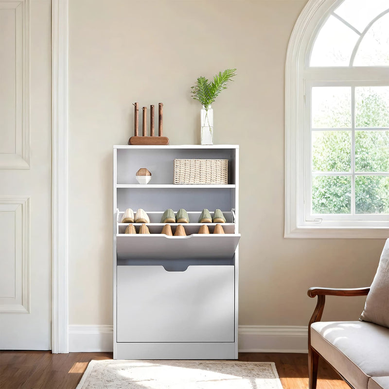 Slim White 2 Drawer Shoe Storage Cabinet with Adjustable Shelves for Hallway, Holds 8 to 12 Pairs of Shoes, 60 x 24 x 102cm