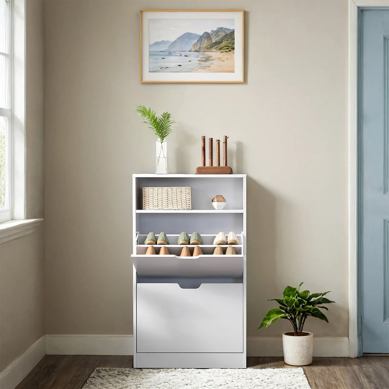 Slim White 2 Drawer Shoe Storage Cabinet with Adjustable Shelves for Hallway, Holds 8 to 12 Pairs of Shoes, 60 x 24 x 102cm